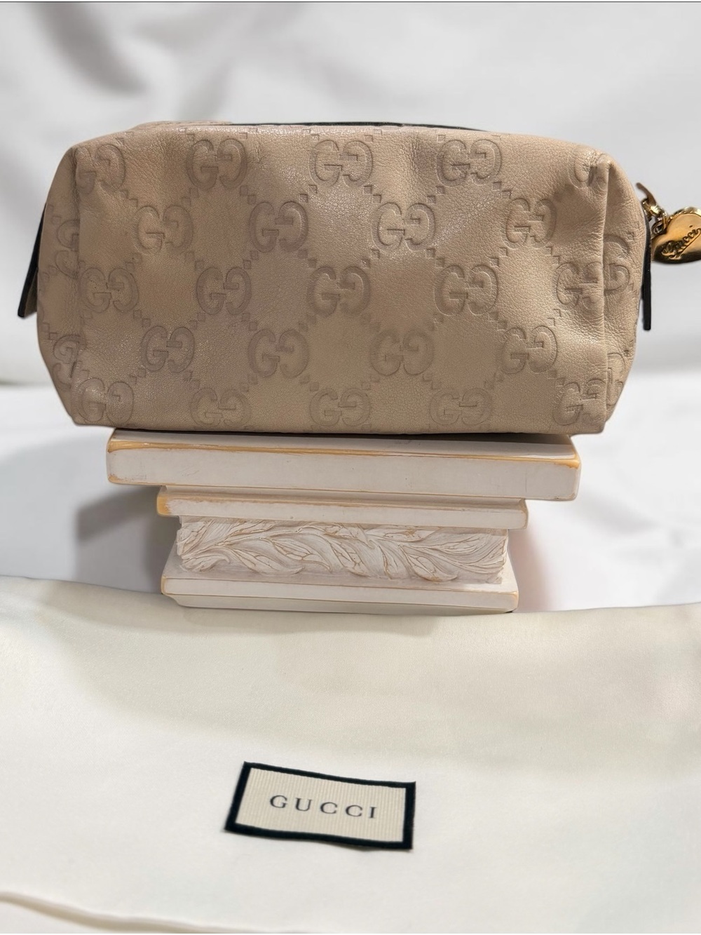 Gucci Guccissima Ivory Leather Cosmetic Pouch Heart Charm + Dust Bag